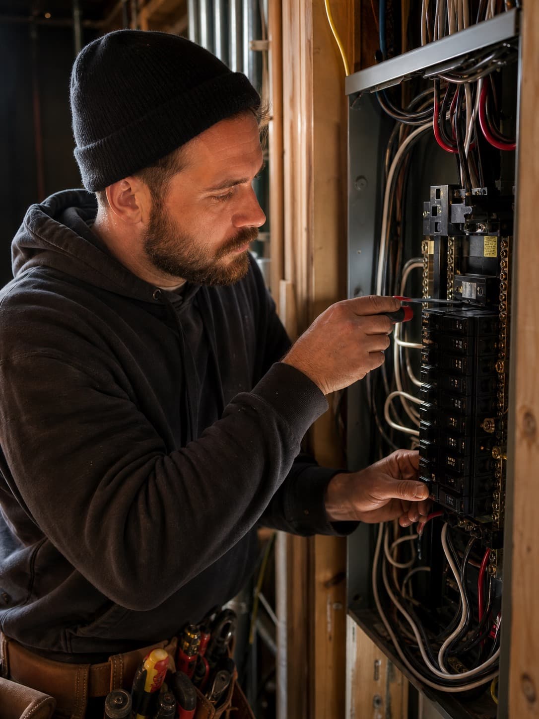 Milwaukee electrician working inside a residential electrical panel