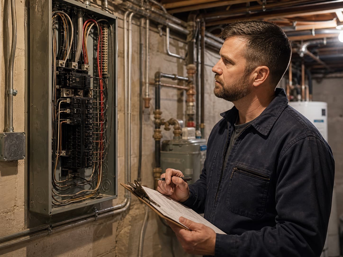 Electrician with clipboard performing a safety inspection
