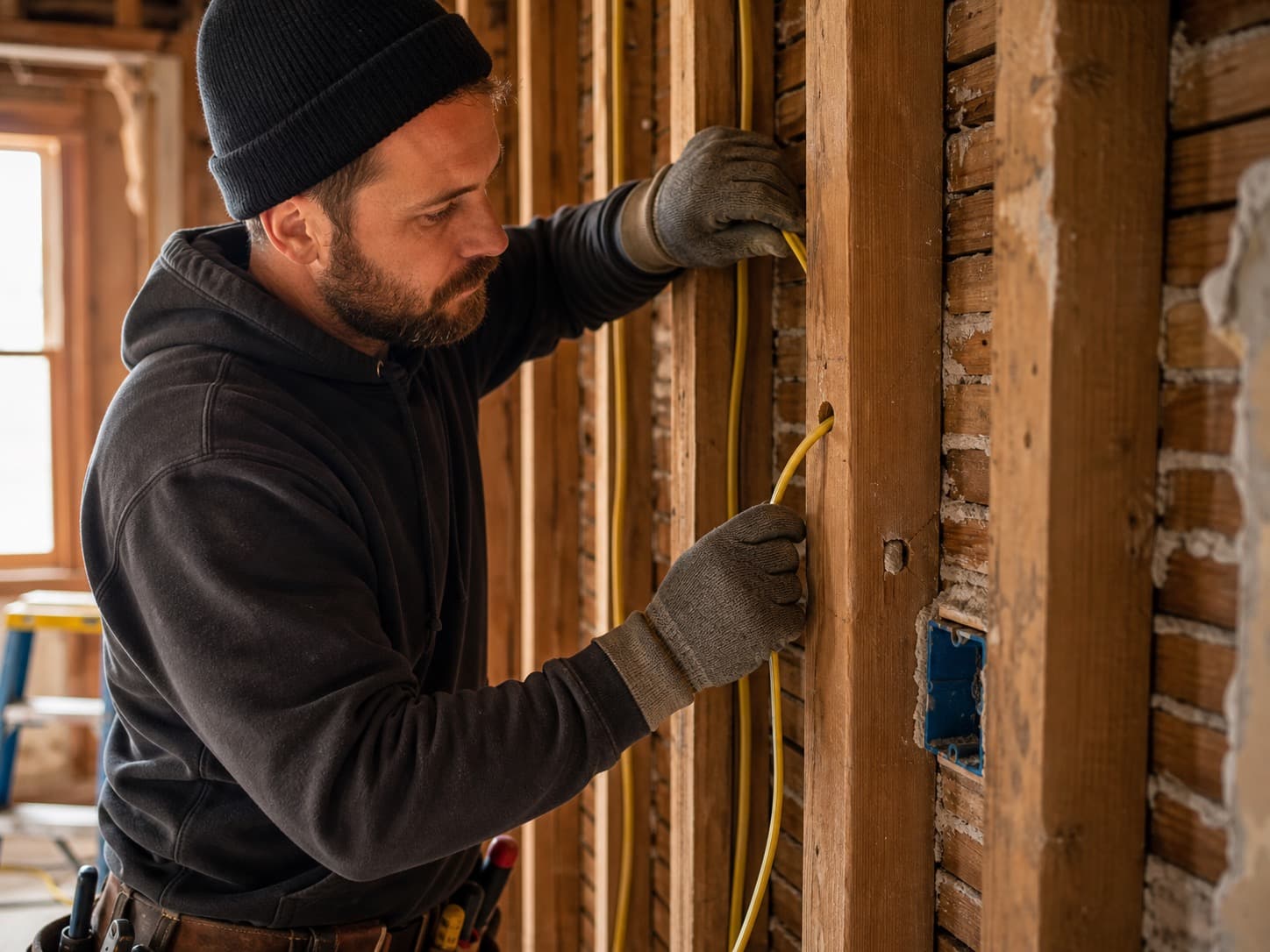 Electrician running new wire through wall studs
